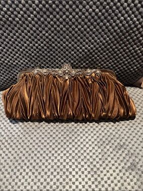 Elegant Brown T*N*S Satin Ruched Evening Clutch with Rhinestone Frame New w tags